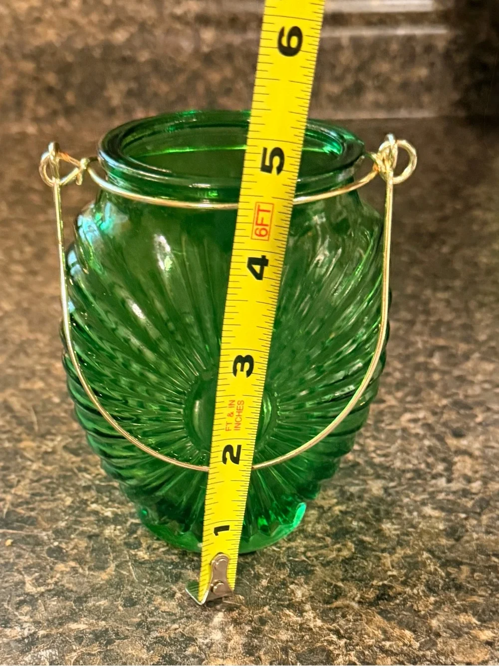 Green Pressed Glass Sunburst Vase with Metal Handle - Picture 5 of 8